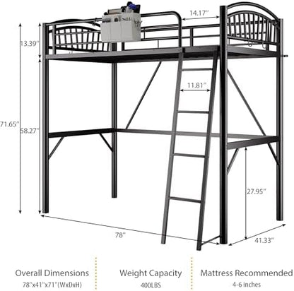Decofy Metal Loft Bed Twin Size, Heavy Duty Loft Bed with Bedside Caddy, EVA Anti-Slip Ladder with Sturdy Guardrails, Space-Saving Twin Size Loft Bed for Teens & Adults for Bedroom Dorm (Dark Black)