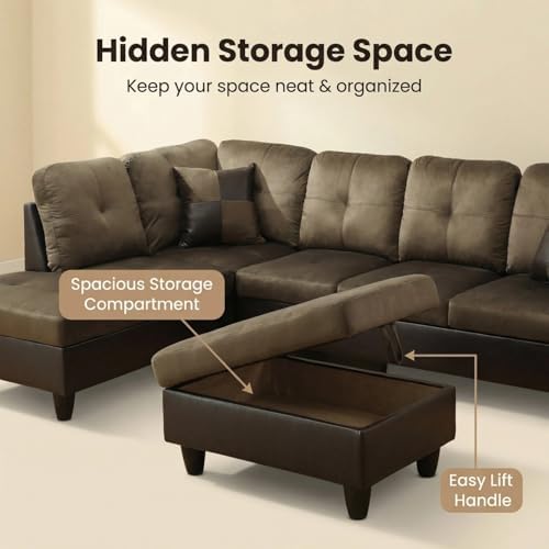 103.5 inch L-Shape Sofa with Storage Ottoman, Flannel Sectional Couch with Left Chaise, Modern 3-Piece Sofa Set, Upholstered Couch Set with Solid Wood Frame for Apartment, Loft, Taupe