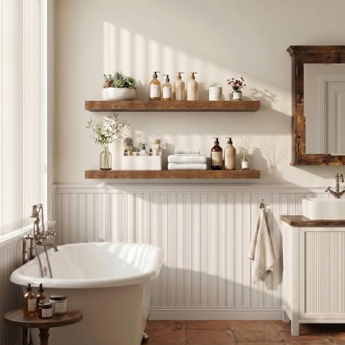 48 Inch Floating Shelves for Wall 8 Inch Deep Rustic Brown Shelves Set of 2, Wall Mounted Rustic Wood Long Floating Shelf, Large Display & Storage Shelf with Invisible Brackets