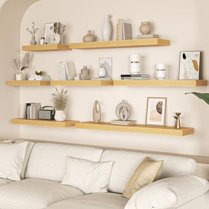 Floating Shelves Set of 3, 12 Inch Deep Floating Shelves with Heavy Duty Brackets, 20'' Rustic Wood Wall Mounted Shelf for Bathroom, Bedroom, Living Room & Kitchen, Modern Home Decor Storage, Oak