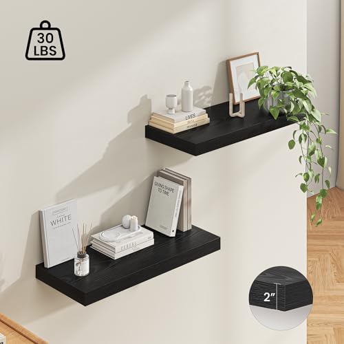 Dreamland 32" Floating Shelves for Wall, 12" Deep Thicker Black Floating Shelves, Wall-Mounted Shelves for Bedroom, Living Room, Kitchen, Bathroom - Set of 2