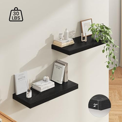 Dreamland 32" Floating Shelves for Wall, 12" Deep Thicker Black Floating Shelves, Wall-Mounted Shelves for Bedroom, Living Room, Kitchen, Bathroom - Set of 2