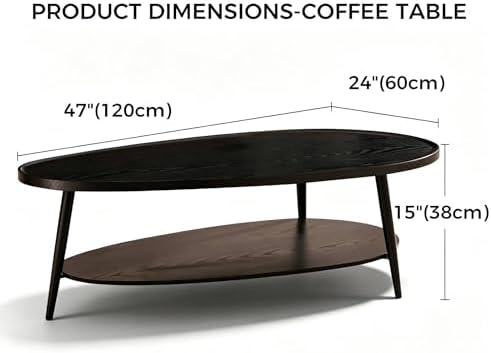 AGV Oval Coffee Table with Storage Shelf 47” Mid Century Modern Coffee Table,Black Wood Finish MDF Top with Black Metal Legs for Living Room,Office or Small Space