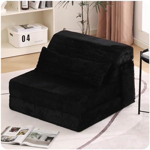Tiita Convertible Folding Sofa Bed Single Size for Adults with Pillow, Plush Fabric Floor Mattress Couch Bed, Washable Cover & Side Pocket, Guest Room, Dorm, Apartment, Living Room, Black