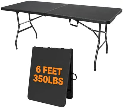Folding Table 6ft, Heavy Duty Portable 6 Foot Foldable Table Plastic Large Folding Table Indoor Outdoor for Camping, Picnic, Wedding and Party, Black