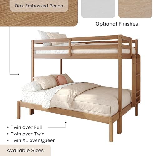 Grain & Grove Bear Twin Over Full Bunk Bed, Sturdy Bunk Bed Frame for Kids, Plywood Bunk with Ladder, Guardrail, and Slats, No Box Spring Required, Oak Embossed Pecan