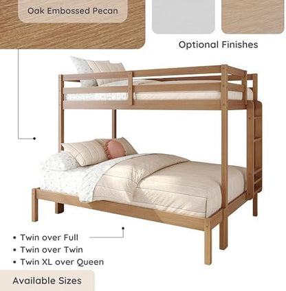 Grain & Grove Bear Twin Over Full Bunk Bed, Sturdy Bunk Bed Frame for Kids, Plywood Bunk with Ladder, Guardrail, and Slats, No Box Spring Required, Oak Embossed Pecan