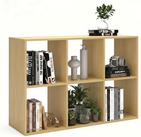 6 Cube Shelf with Anti-Tipping Kits + Reversible Open Back Bookcase, Multi Layer and Multi Grid Partition Layout (Oak 11in)