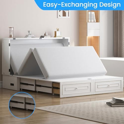 PUREMIND Queen Murphy Bed with Mattress Included, Hideaway Cabinet Bed with 2 Storage Drawers & USB Ports, Space‑Saving Bed for Guest Room, Apartment, Home Office, White