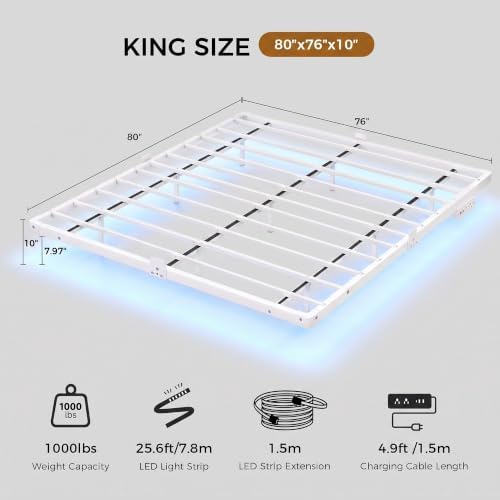 Floating Bed Frame King Size, Smart LED Lights & Charging Station, 9.45" High Clearance, Mattress Slide Stopper, Noise-Free, No Box Spring Needed, Easy Assembly