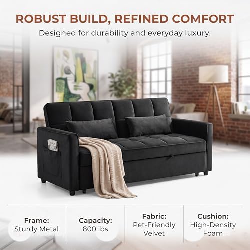 3 in 1 Convertible Sofa Bed, Love Seat Sleeper Bed with Side Pockets, Velvet Fabric Pull Out Couch with Adjustable Backrest for Living Room, Bedroom, Apartment, Black