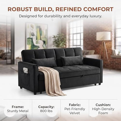 3 in 1 Convertible Sofa Bed, Love Seat Sleeper Bed with Side Pockets, Velvet Fabric Pull Out Couch with Adjustable Backrest for Living Room, Bedroom, Apartment, Black