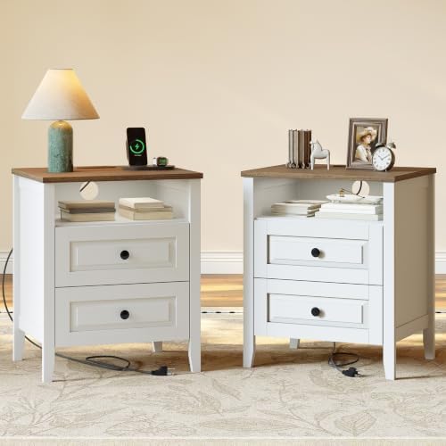 ChooChoo Nightstands Set of 2, with Charging Station, White and Walnut