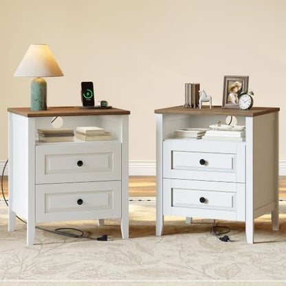 ChooChoo Nightstands Set of 2, with Charging Station, White and Walnut