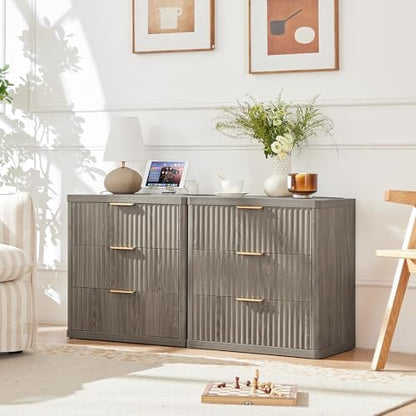 LEYAOYAO 23" Wide Fluted Farmhouse Night Stand Set of 2 with Charging Station, 3 Drawers Large End Table w/Metal Handle,Grey Nightstand Bedside Table,Wood Dresser for Bedroom, Closet