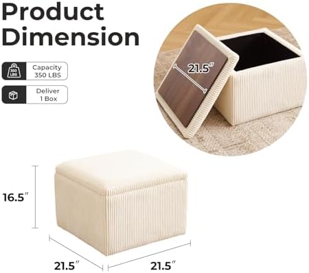 Cube Storage Ottoman, Ottoman Footstool with Removable Lid, Chenille Ottoman Foot Stools, Storage Ottoman for Chair, Multi-Functional Footrest, Corduroy Beige