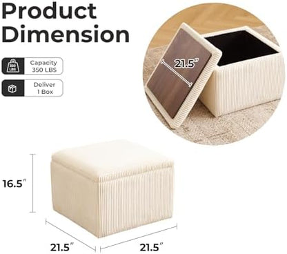 Cube Storage Ottoman, Ottoman Footstool with Removable Lid, Chenille Ottoman Foot Stools, Storage Ottoman for Chair, Multi-Functional Footrest, Corduroy Beige