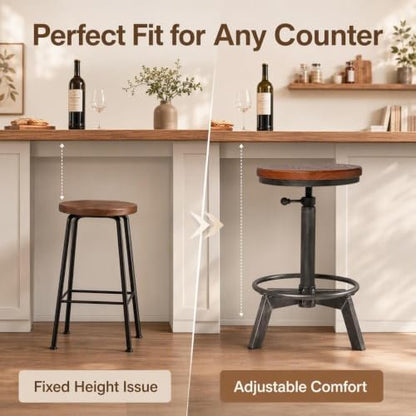 Set of 2-Industrial Bar Stool-Rustic Counter Height Chairs for Kitchen Island-Farmhouse Swivel Wooden Seat- Adjustable 17.7-24inch