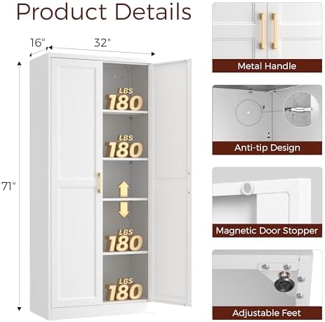 71" Tall Metal Kitchen Pantry Cabinet, Storage Cabinet with Doors