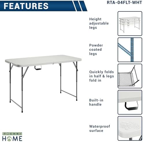 Height Adjustable 4 FT Granite White Folding Table – Premium 4 Foot Folding Table Ideal for Camping, Picnic, Party or as Kids Table