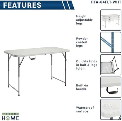 Height Adjustable 4 FT Granite White Folding Table – Premium 4 Foot Folding Table Ideal for Camping, Picnic, Party or as Kids Table