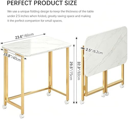 JSB 23.6" Folding Desk for Small Spaces,Mobile Portable Rolling Laptop PC Table on Wheels,Foldable Computer Desk for Home Office,Bedroom,Dorm,Space Saving White&Gold