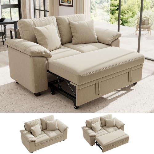 Ihanherry 61" Loveseat Sleeper Sofa, 2-in-1 Pull Out Couch Bed with 2 Pillows, Chenille Convertible Sofa Bed, Small Space Sleeper Couch for Living Room Apartment (Sand)