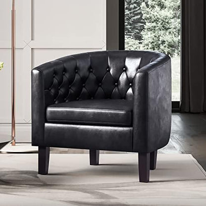 BELLEZE Black Accent Chairs for Living Room, Elegant Arm Chair Upholstered Tufted Barrel Chair Club Chair for Bedroom with Sturdy Legs and Faux Leather - Berlinda (Black)