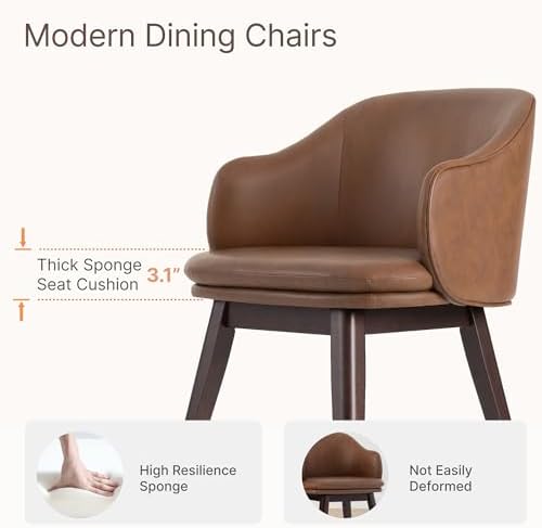 KISLOT Wooden Dining Chairs Set of 4, Faux Leather Upholstered Modern Dining Room Chairs with Barrel Backrest & Double-Layer Thick Cushion for Living Room, Restaurant, Kitchen and Café, Brown, 2 Boxs