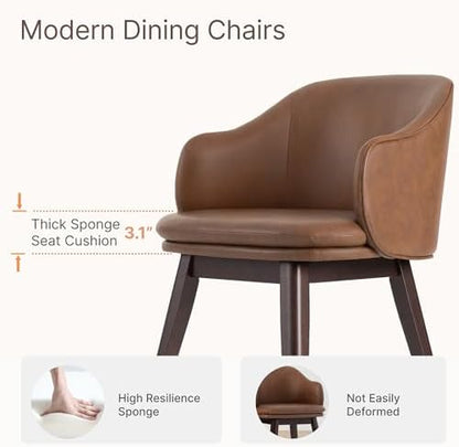 KISLOT Wooden Dining Chairs Set of 4, Faux Leather Upholstered Modern Dining Room Chairs with Barrel Backrest & Double-Layer Thick Cushion for Living Room, Restaurant, Kitchen and Café, Brown, 2 Boxs