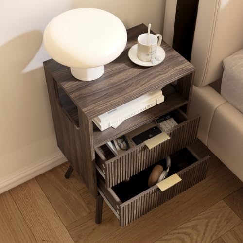 Leomonio Fluted Nightstand, Modern Night Stand with 2 Drawer and Open Shelf