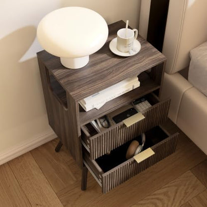 Leomonio Fluted Nightstand, Modern Night Stand with 2 Drawer and Open Shelf