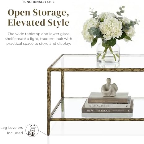 24/7 Shop at Home Lalia Modern 47-inch Metal Coffee Table with Tempered Glass Top and Shelf, Hammered Steel Frame for Living Room, Matte Gold