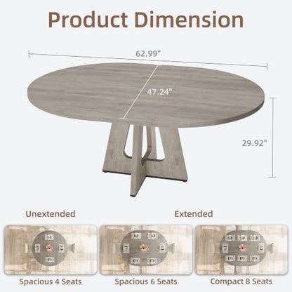 Garvee 47"-63" Extendable Round Dining Table for 4-8 (Table Only) Gray