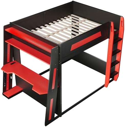 Queen Size Wooden Gaming Bunk Bed with Desk Black+Red1