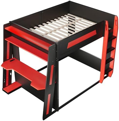 Queen Size Wooden Gaming Bunk Bed with Desk Black+Red1