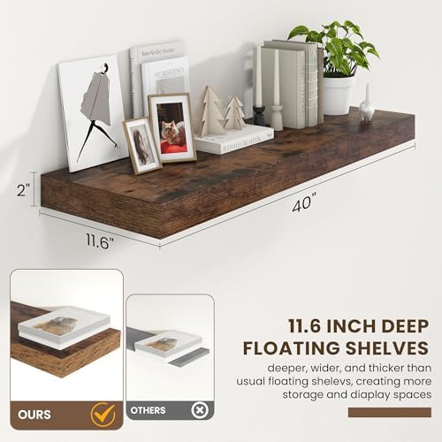 FLYJOE 40 Inch Floating Shelves, 12'' Deep Brown Shelves for Wall Set of 2