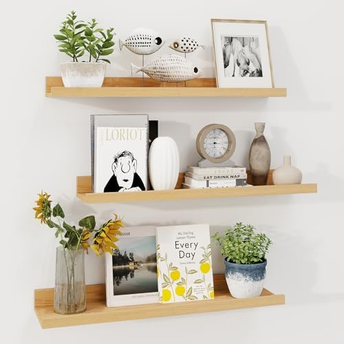 Picture Ledge Shelf, 24 Inch Oak Floating Shelves Set of 3