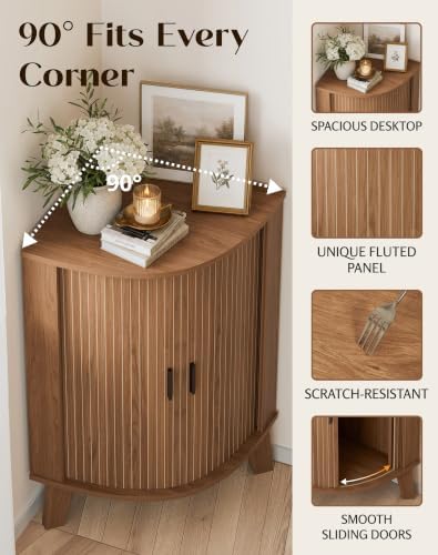 Corner Cabinet with Sliding Door and Storage, Small Bathroom Cabinet for Living Room, Kitchen, Corner Shelf Display Hutch Furniture, Walnut
