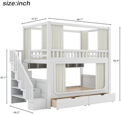 Full Over Full Bunk Bed with Privacy Curtains, Under Bed LED Lighting, Storage Stairs, and Built-in Compartments (White-4, Full)