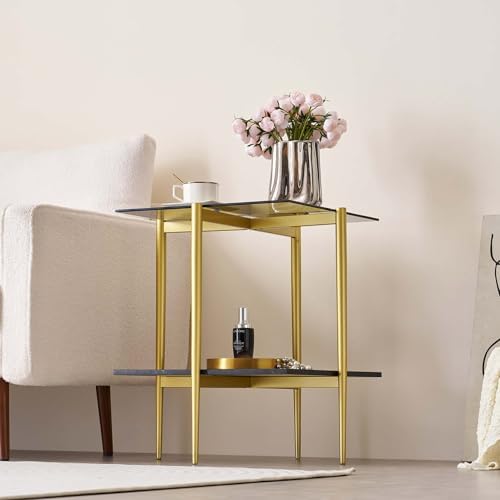 Square Glass End Table, Mid-Century Modern Side Table for Living Room, L18xW18xH23inch, Grey Glass and White Marble MDF Wood, Gold Finish Frame