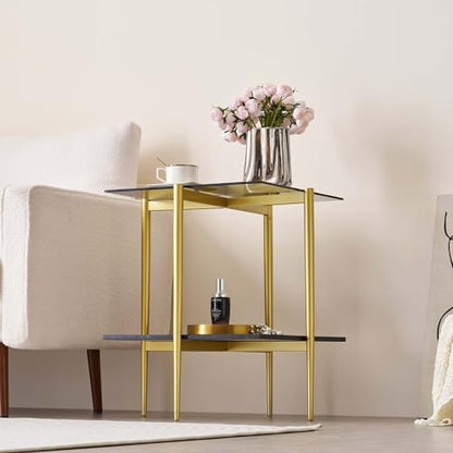 Square Glass End Table, Mid-Century Modern Side Table for Living Room, L18xW18xH23inch, Grey Glass and White Marble MDF Wood, Gold Finish Frame