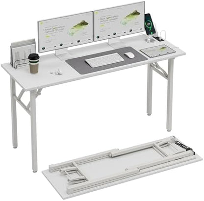 TEMI Long Computer Desk Folding Table - No Assembly, Compact 55.1" Foldable Desk with Power Outlets & USB Charging Port, Portable Lagre Office Desk, Ideal Large Study Table for Narrow Spaces,White Ash
