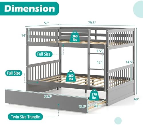 GIANTEX Full Over Full Bunk Bed with Trundle, Solid Wood Trundle Bed Frame w/Guardrails and Ladder, Convertible to 2 Beds, Full Size Bunk Beds for Adults Kids Teens, No Box Spring Needed, Grey