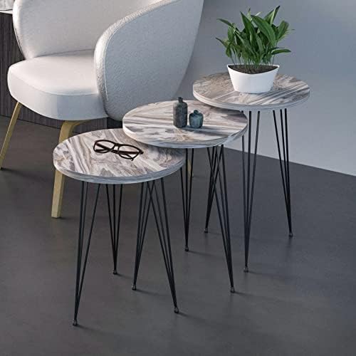 Set of 3 Grey Marble Nesting End Tables Round Wood Stacking Coffee Side Accent Table with Metal Legs for Living Room, Home Office, Nightstands for Bedroom