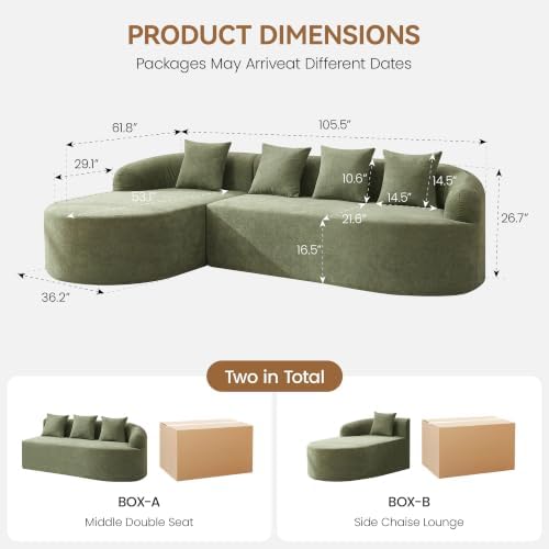 105" Boneless L Shaped Couch, Curved Sofas for Living Room, Chenille Green