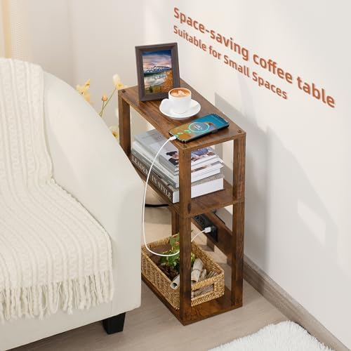 YUFAM 3-Tier Narrow Bedside Table with Charging Station, Skinny Nightstand