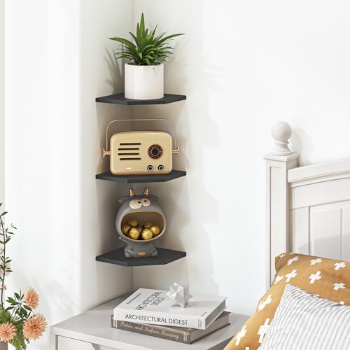 Corner Shelf Wall Mount, Floating Corner Shelves, Set of 6 Corner Wall Shelf Organizer, Rustic Wood Wall Storage Display Shelves for Living Room Bedroom Bathroom Kitchen, Classic Black