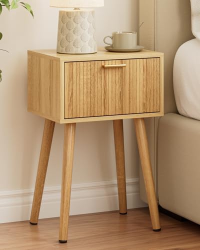 Night Stand, Small Modern Nightstand with Fluted Doors, Oak