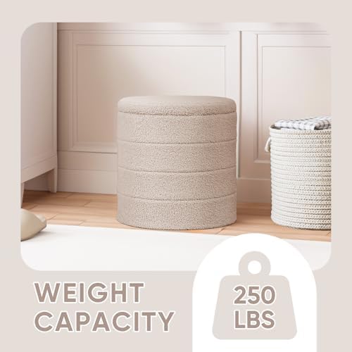 PINPLUS Round Folding Storage Ottoman, Beige Boucle Footstool